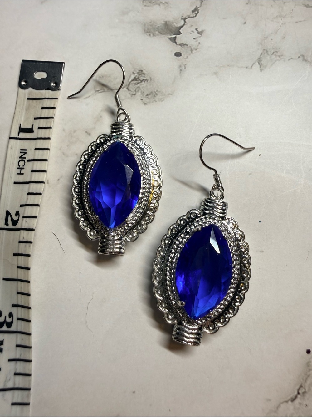 Silver Earrings with Deep Blue Marquise Gemstone